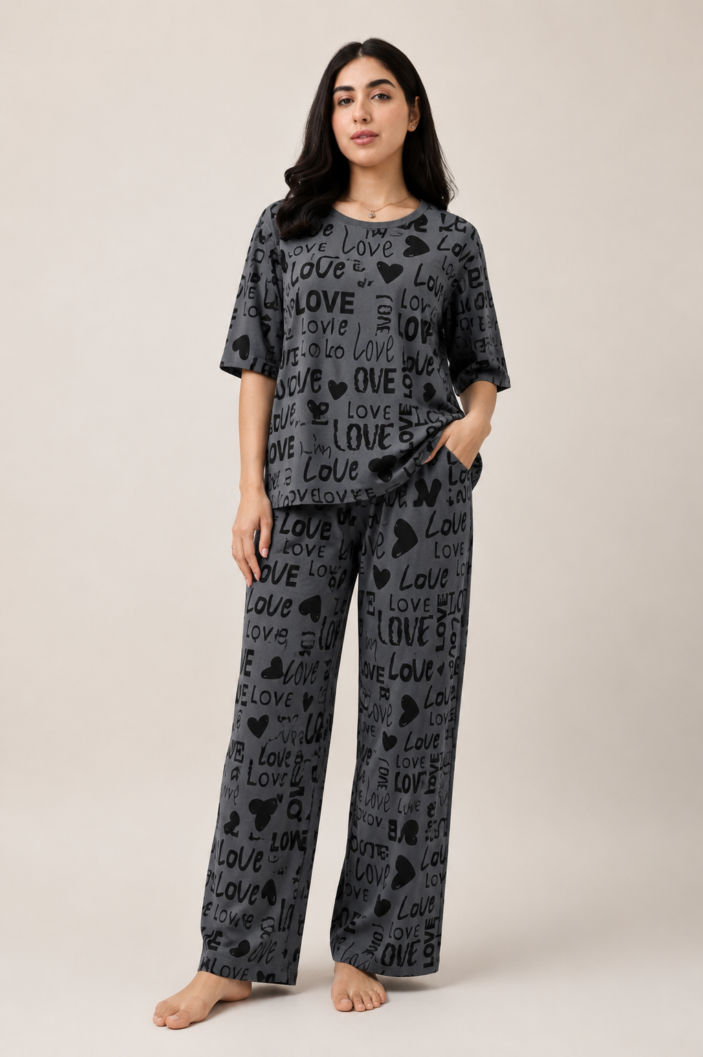 Women's Love Heart Print Night Suit – Charcoal Gray T-Shirt & Matching Pajama Set